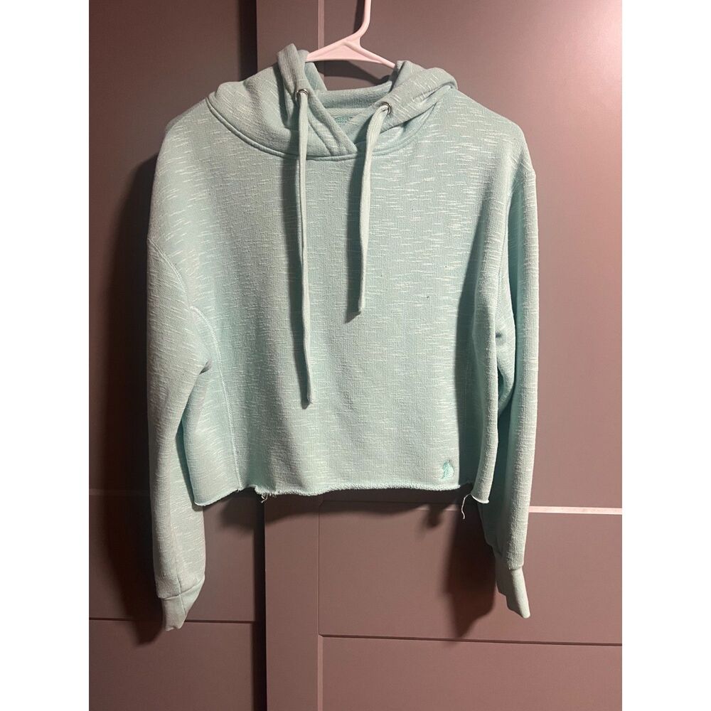 Kuwallatee Women Raw Hem Cropped Hooded Sweatshirt Mint Blue Small Cozy Lounge